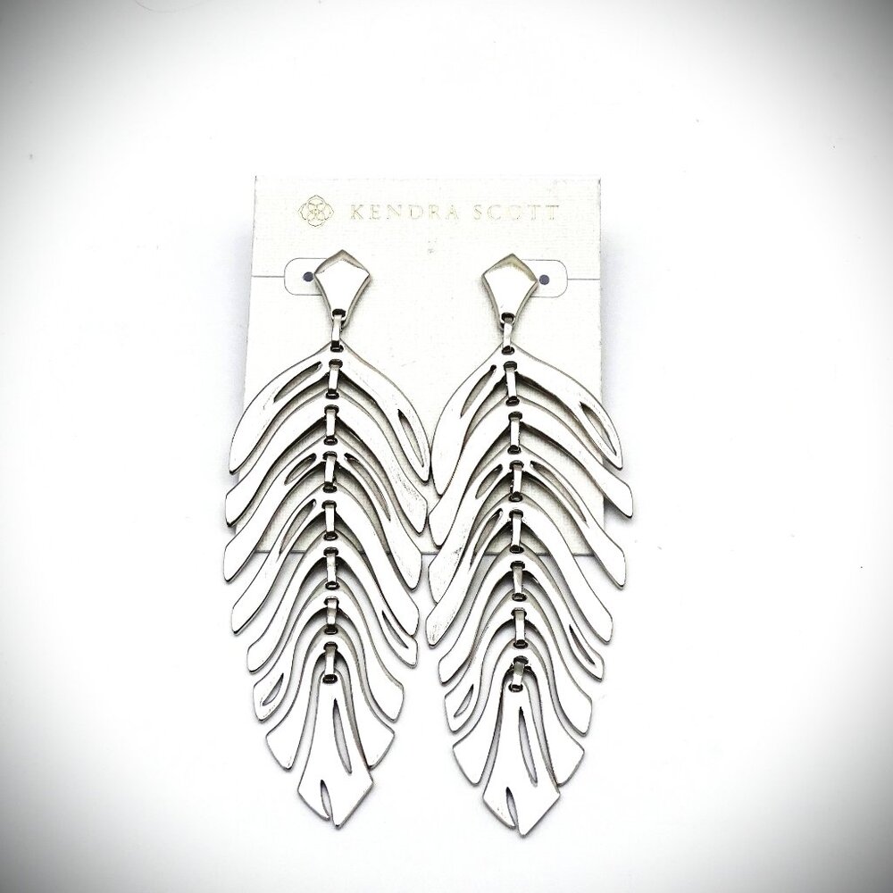 KENDRA SCOTT Lotus Rhodium Plated Long Dangle Statement Earrings - Picture 4 of 6